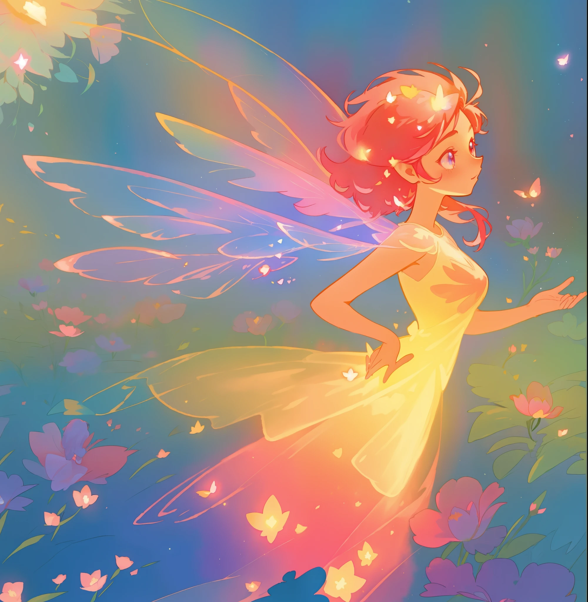 beautiful fairy girl in a sparkling layered dress, long flowing pink peach red hair, (large sparkling colorful fairy wings on her back), colorful fantasia background, flowers meadow, watercolor illustration, disney art style, glowing aura around her, glowing lights, beautiful digital illustration, fantasia otherworldly landscape plants flowers, beautiful, masterpiece, best quality, anime disney style, beautiful face, golden ratio