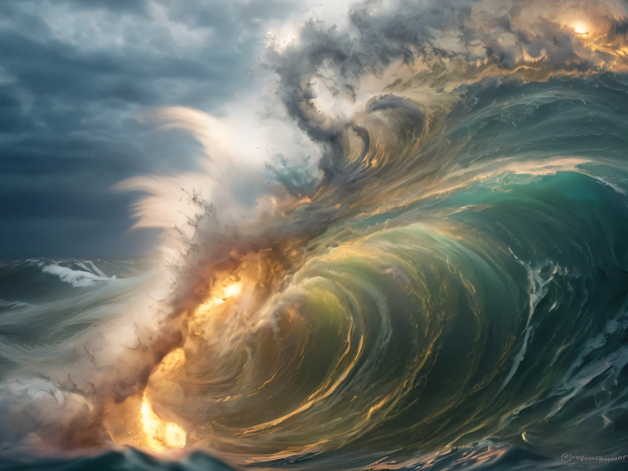 Arafed waves crashing into the sea with a bright orange glow, apocalyptic raging sea, massive energy storm, energy wave, Apocalypse Hurricane Storm, pain and waves, 4K high definition digital art, sea of ignited canvas, Sea of violent storms, big waves, Sea storm, violent storm at sea, ocean storm, maelstrom