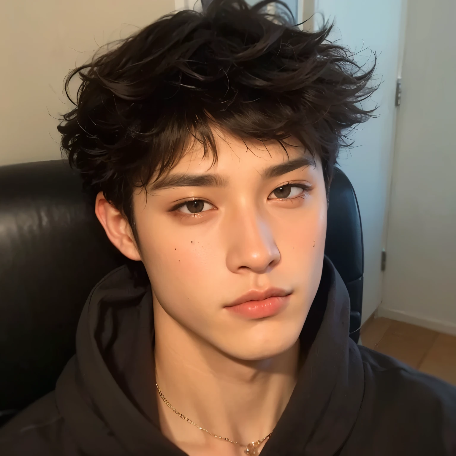 edgy bangchan with a messy haircut, sentado em uma cadeira, profile picture with headshot, rosto perfeito e , 25 years old his hair is messy and wild, rosto bonito, rosto lindo perfeito, lindo chad queixo, jovem bonito