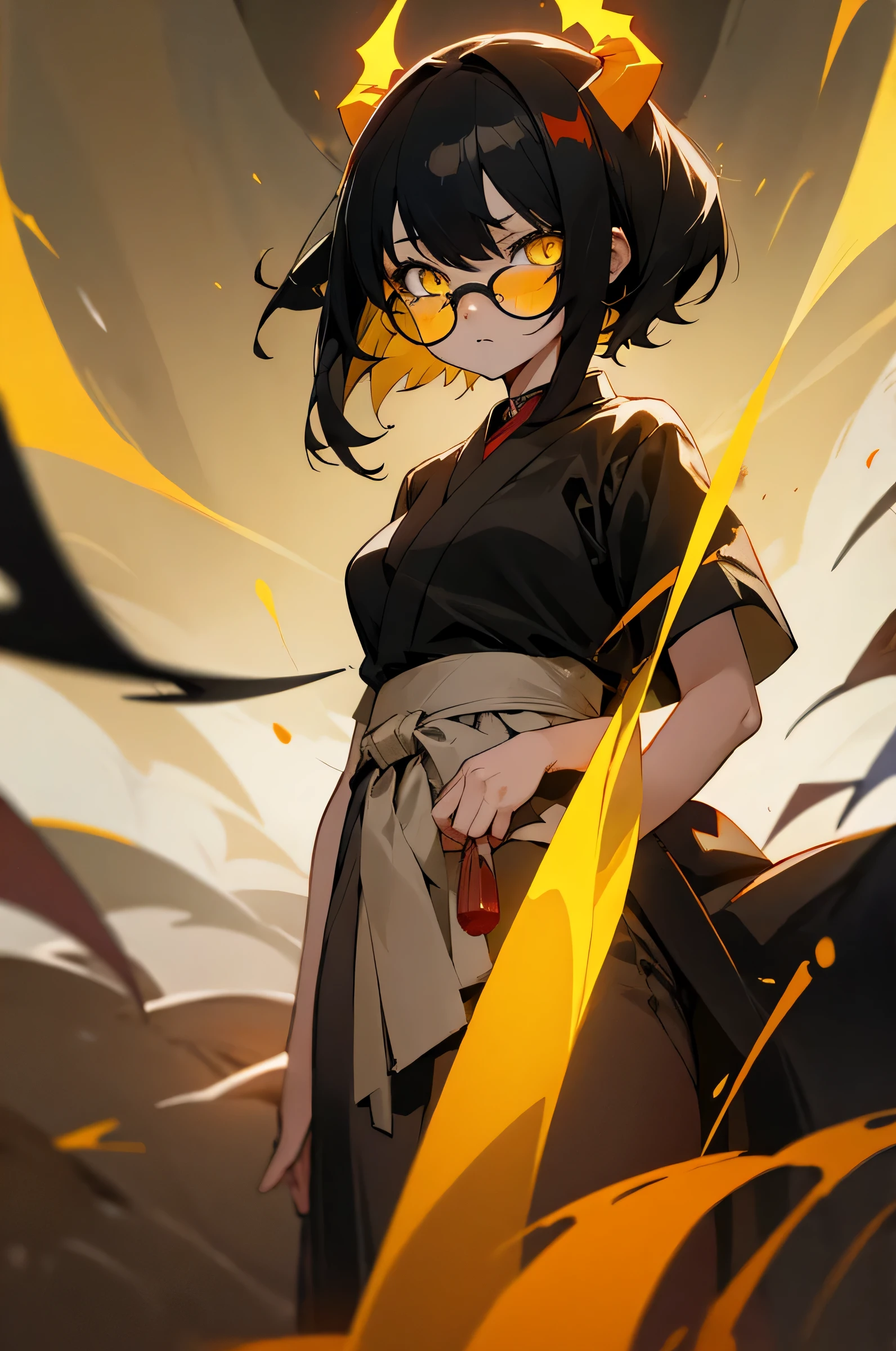 Female, Kid, Marital art Gi, Gojo Glasses, Yellow Eyes, Black Hair, Temple Background, Aura, Demon.