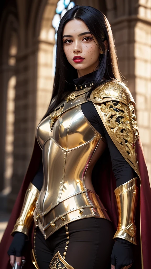 ((best quality: 1.5)) ((masterpiece: 0.8)), intricate details, sharp focus, professional, photorealistic, real life, realistic representation of the face, ((((solo, 1girl) muscular assassin, golden hour, (brown skin, intense expression, metallic lipstick, [flat chest:medium breasts:0.8])))) bright glow, dynamic pose, ugly face, in the style of realistic and hyper detailed renderings, medieval church, stained glass, solo, BREAK; BREAK (((long black straight hair, blackout gothic eyeshadow))), (freckles: 0.9), ((((body tattoo: 0.8)))), ((fujicolor)), BREAK; BREAK ((((medieval paladin, (lacquered maroon armor:1.7, gold filigree, engraving, (cleric, chrome rivets, lethal, cape, breastplate, weapon)))), photorealistic, hyper-realistic)))