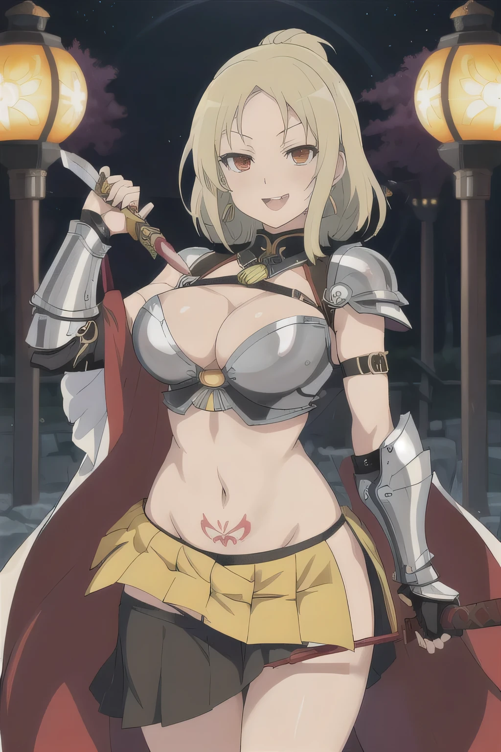 siki (senran kagura), 1girl, mole under mouth, blonde hair, mole, solo, red eyes, long hair, large breasts, tongue, tongue out, hairclip, hikage (senran kagura), 1girl, green hair, tongue out, tongue, tattoo, short hair, yellow eyes, knife, licking, large breasts, weapon, earrings, jewelry, holding, ,masterpiece, best quality, highly detailed, fantasy , a anime girls in armored dress holding a sword
posing for a picture, evil smile, smile, open mouth, breastplate with open cleavage, cleavage, warrior
outfit, ecchi anime style, anime girls, ecchi style, (nsfw) not safe for work, ecchi, digital anime art!!, in
anime style, official artwork, visual novel cg, beautiful anime girl, anime style 4 k , loincloth, exposed
belly, exposed navel, exposed midriff, exposed lower belly, pencil skirt armored, castle,inside castle