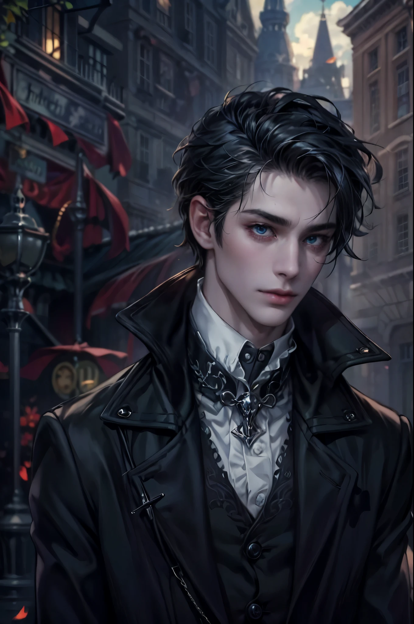 ((Best quality)), ((masterpiece)), (detailed), ((perfect face)), ((halfbody)) In the eerie twilight of a hauntingly beautiful carnival, a dashing young man with piercing blue eyes and raven hair, clad in a vintage black suit, confidently strolls along the cobblestone path. As he passes by the enigmatic booths with its that lie within the heart of this eerie wonderland.