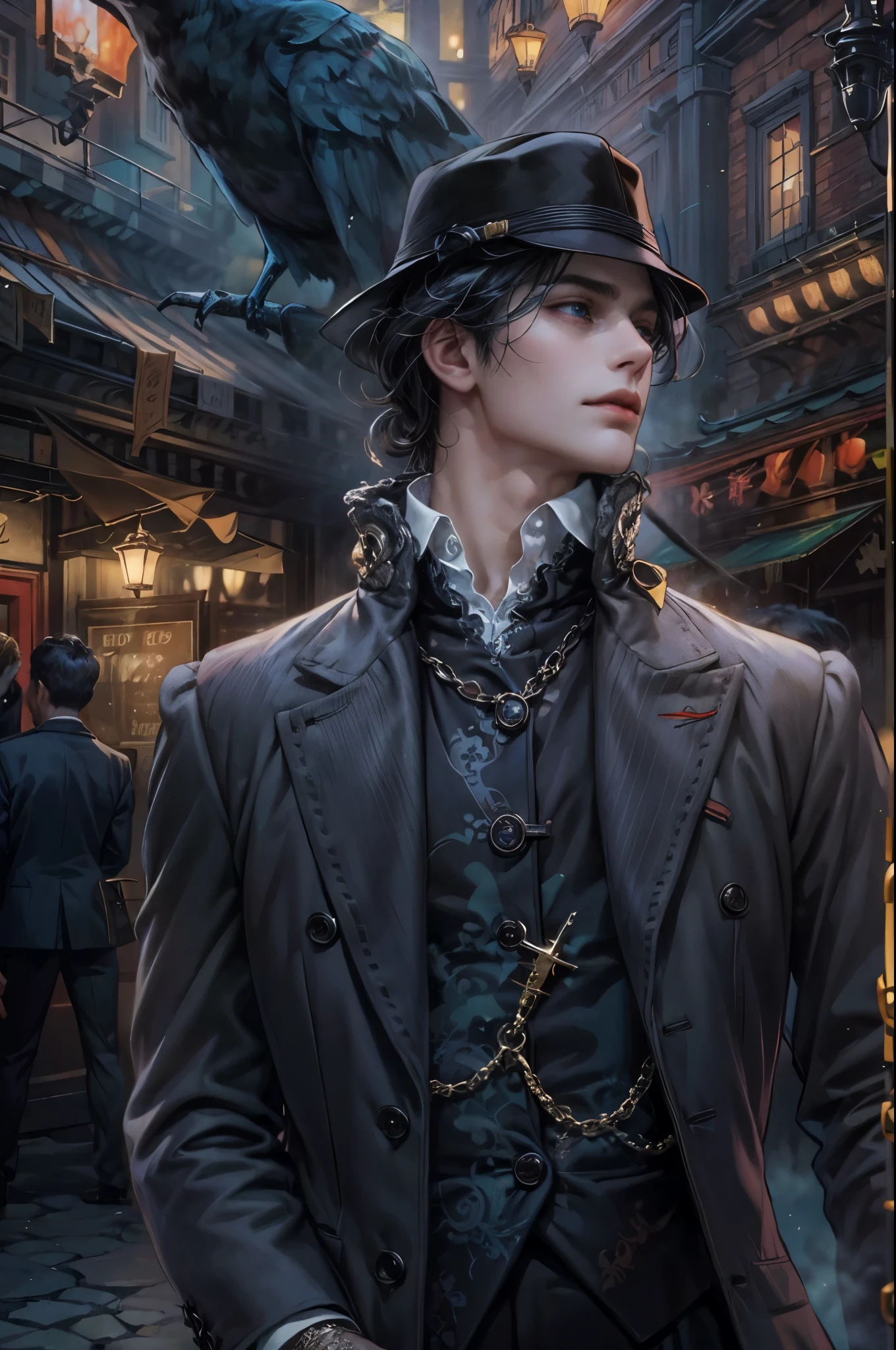 ((Best quality)), ((masterpiece)), (detailed), ((perfect face)), ((halfbody)) In the eerie twilight of a hauntingly beautiful carnival, a dashing young man with piercing blue eyes and raven hair, clad in a vintage black suit, confidently strolls along the cobblestone path. As he passes by the enigmatic booths with its that lie within the heart of this eerie wonderland.