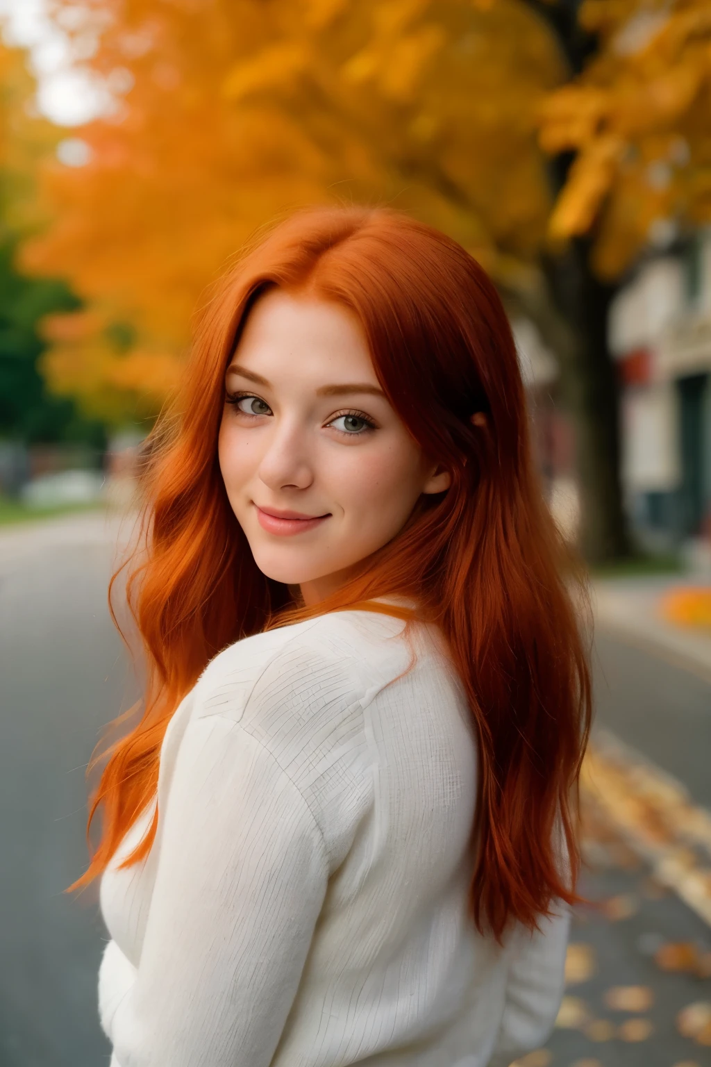 (a closeup of a, Editorial photo of a 21-year-old red-haired woman), (Highly detailed face:1.4) (Smile:0.7) (The background inside is autumn, The street is sunny, private study:1.3) ass pov, Nikon D850, film stock photograph ,4 Kodak Portra 400 ,camera f1.6 lens ,saturated colors ,hyper realistic ,lifelike texture, dramatic lighting , Cinestill 800,