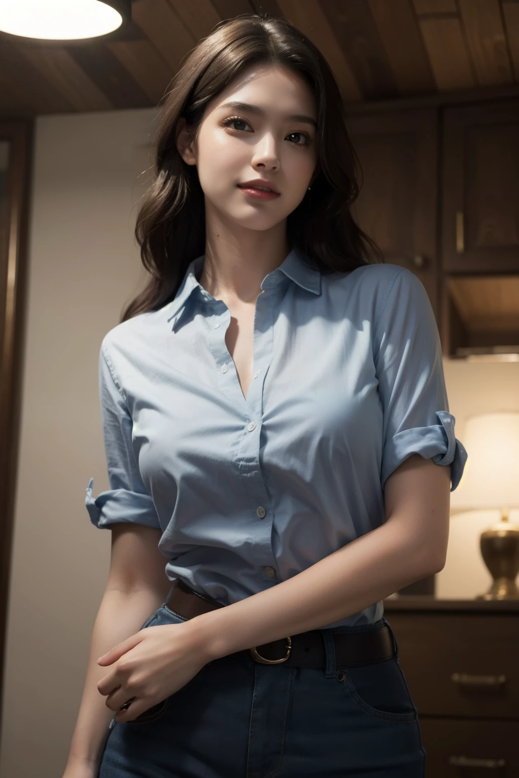 best quality, masterpiece, (photorealistic:1.4), 1girl, light smile, shirt with collars, waist up, dramatic lighting, from below, unbuttoned