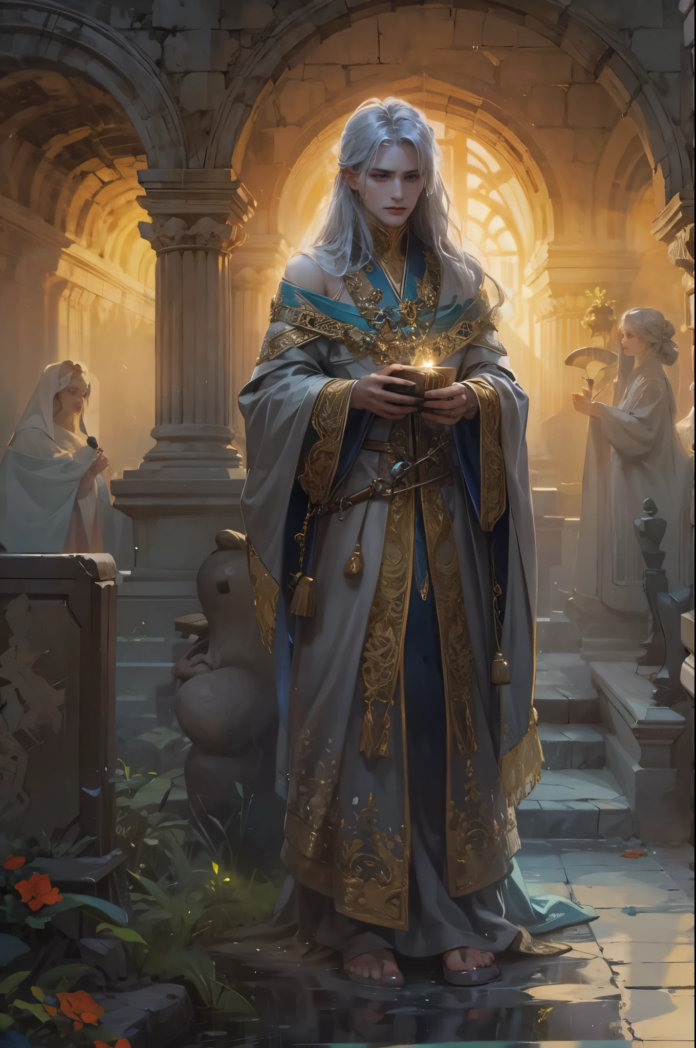 ((Best quality)), ((masterpiece)), (detailed), ((perfect face)), ((halfbody)) Amidst the enigmatic glow of a haunting cemetery at dusk, a handsome young man with the countenance of a biblical hero, wearing a modest yet elegant robe, saunters along the weathered stone path. As he approaches the hauntingly beautiful tomb adorned with spectral steeds, he encounters a wise and enigmatic woman clad in a garment reminiscent of the ancient times. Joined by faith and curiosity, they traverse the dimly lit, yet captivatingly eerie attractions, unveiling hidden truths and unraveling the divine mysteries concealed within the heart of this eerie sanctuary.