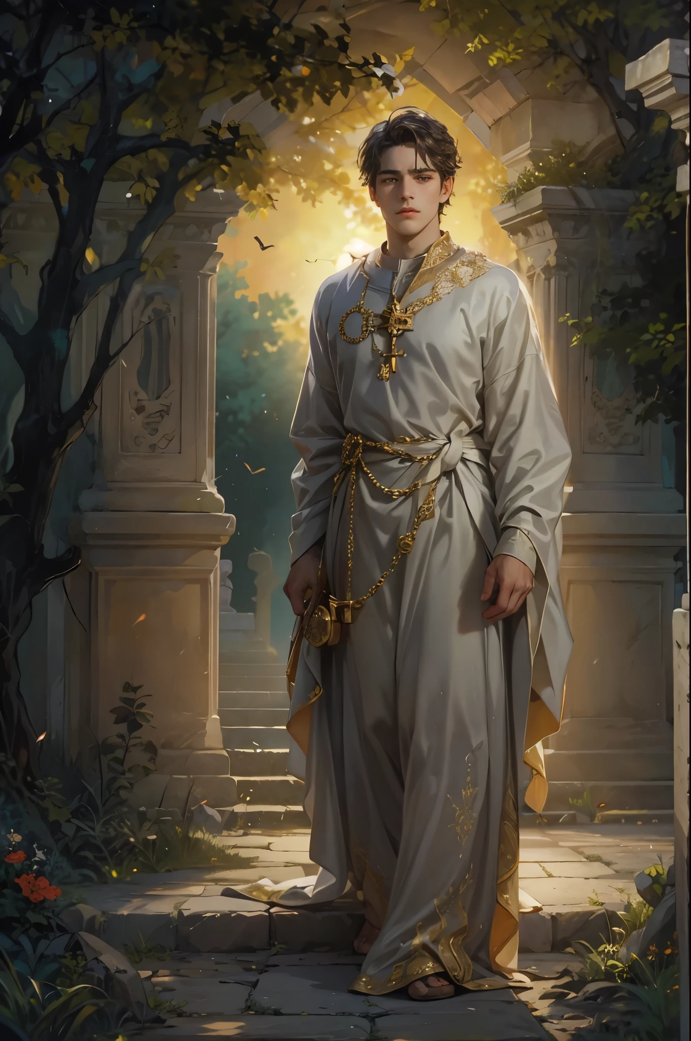 ((Best quality)), ((masterpiece)), (detailed), ((perfect face)), ((halfbody)) Amidst the enigmatic glow of a haunting cemetery at dusk, a handsome young man with the countenance of a biblical hero, wearing a modest yet elegant robe, saunters along the weathered stone path. As he approaches the hauntingly beautiful tomb adorned with spectral steeds, he encounters a wise and enigmatic woman clad in a garment reminiscent of the ancient times. Joined by faith and curiosity, they traverse the dimly lit, yet captivatingly eerie attractions, unveiling hidden truths and unraveling the divine mysteries concealed within the heart of this eerie sanctuary.