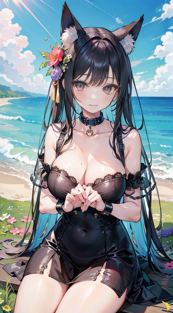 high quality, masterpiece, super detailed, 1 girl, extremely detailed faces, 圣诞Black乳胶套装,Black手套,Black,BDSM,handcuffs,collar,Calm expression,Smile,handcuffs,collar,Black长发, charming pink eyes, fox ears, ridiculously big, skin shiny, Sitting in a sea of flowers,A sea of gorgeous flowers,grassland,seaside