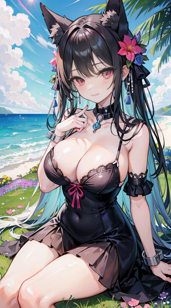 high quality, masterpiece, super detailed, 1 girl, extremely detailed faces, 圣诞Black乳胶套装,Black手套,Black,BDSM,handcuffs,collar,Calm expression,Smile,handcuffs,collar,Black长发, charming pink eyes, fox ears, ridiculously big, skin shiny, Sitting in a sea of flowers,A sea of gorgeous flowers,grassland,seaside