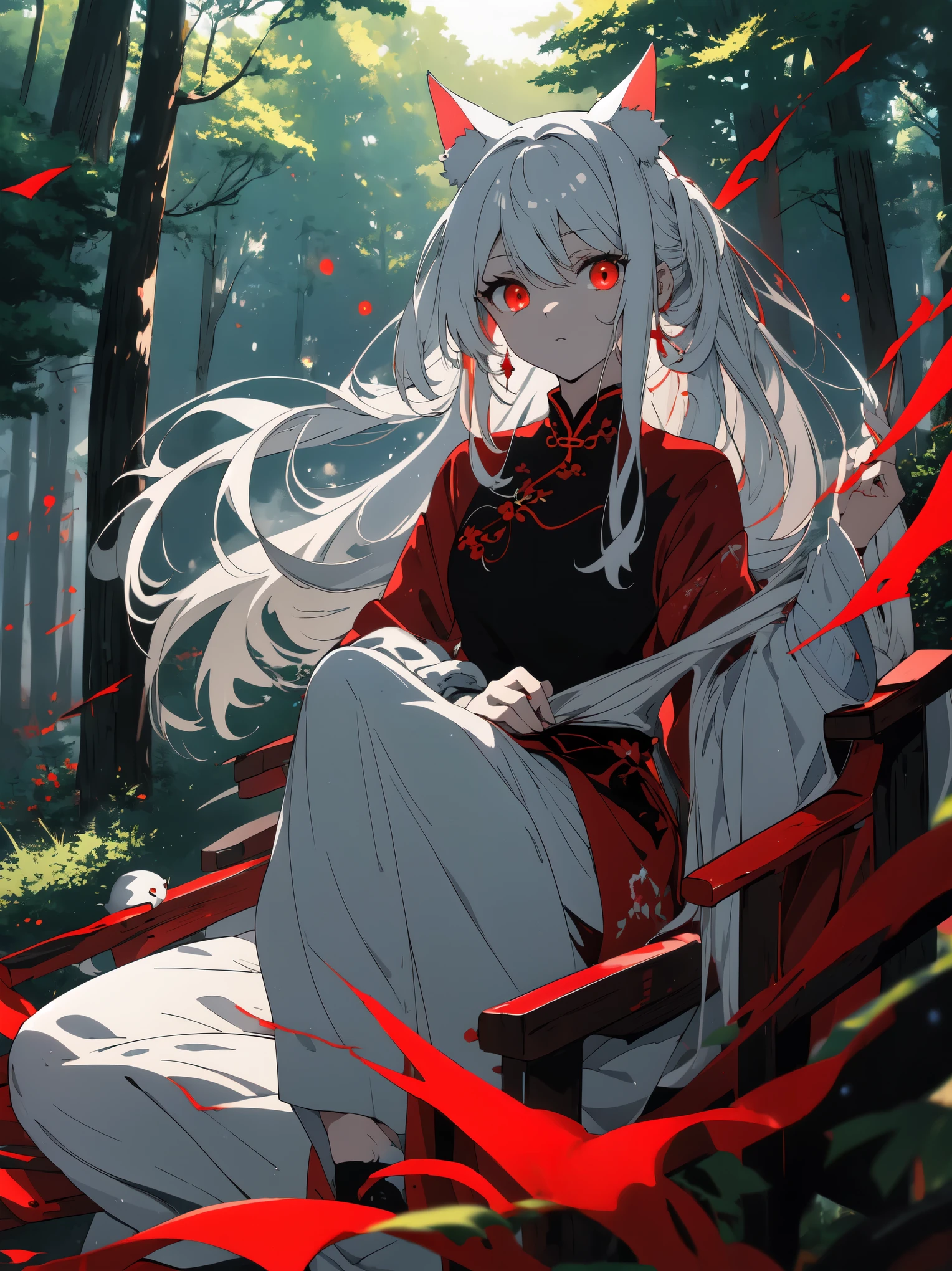 ((highest quality、masterpiece、glowing red eyes、be familiar with))、beautiful face、white cat ears、long gray hair、red cheongsam、Doze while sitting in anime style  、noon、in the forest、beautiful anime、nature background