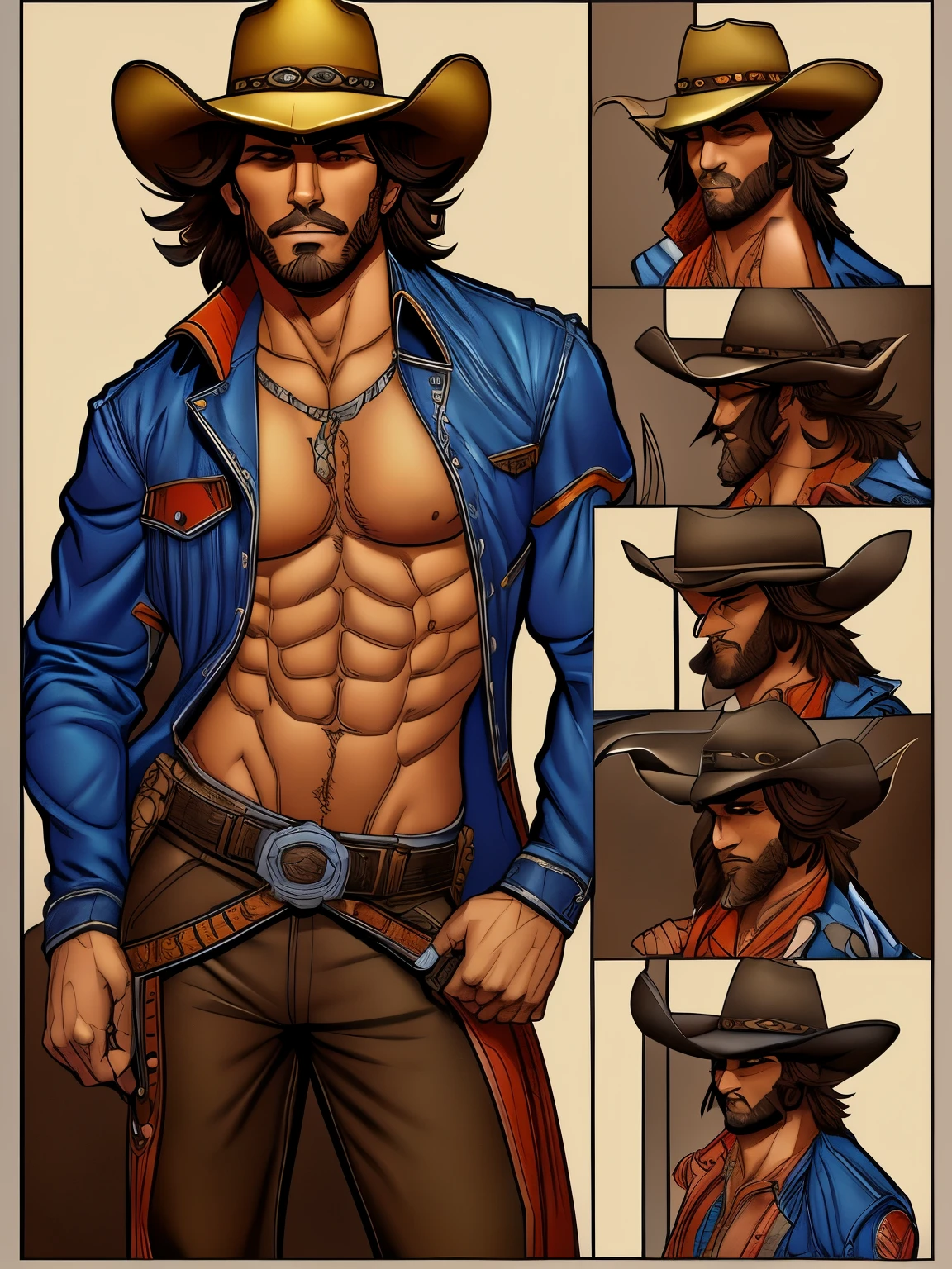 Comic line art of a sexy and handsome cowboy with a coy expression, in the style of Anthrox studio, style raw. Vivid colors