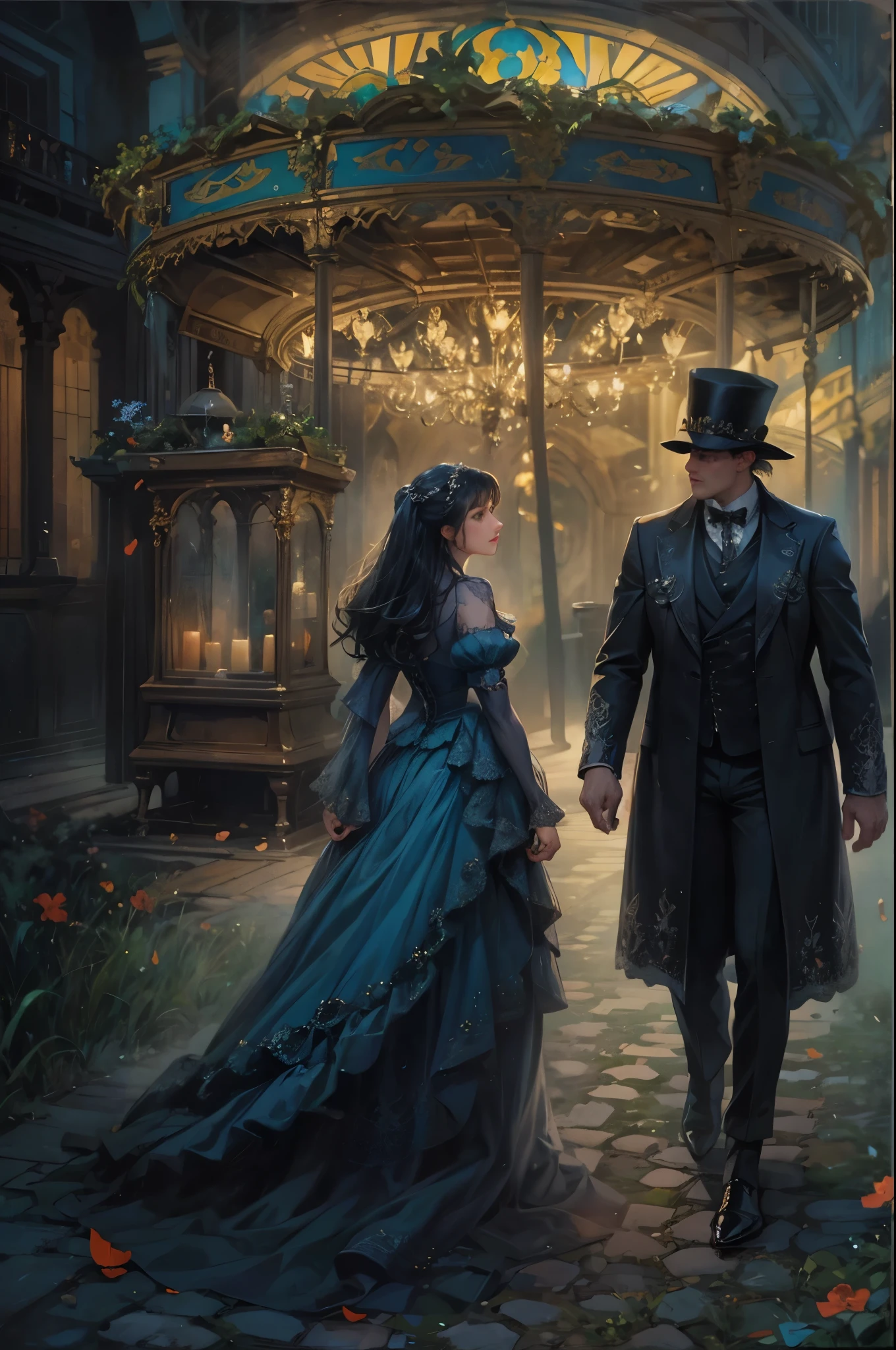 ((Best quality)), ((masterpiece)), (detailed), ((perfect face)), ((halfbody)) In the eerie twilight of a hauntingly beautiful carnival, a dashing young man with piercing blue eyes and raven hair, clad in a vintage black suit, confidently strolls along the cobblestone path. As he passes by the enigmatic carousel with its ghostly shadow he encounters a peculiar, yet alluring woman in a Victorian-inspired gown, who mysteriously appears from the shadows. Together, they embark on an intriguing journey through the dimly lit, yet captivatingly spooky attractions, unveiling hidden secrets and unraveling the enchanting mysteries that lie within the heart of this eerie wonderland.