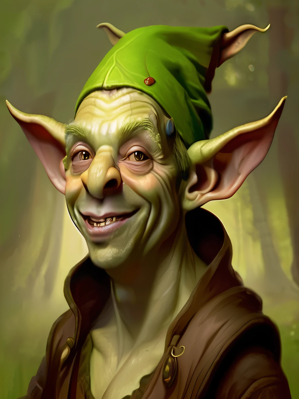 there is a digital painting of a smiling elf with a green hat, medium portrait of a goblin, portrait of a goblin, goblin art, portrait of an elf, a portrait of an elf, elfpunk, portrait of a gnome called eldon, drak fantasy goblin, yoda fantasy art portrait, goblin female portrait, a middle aged elf, dnd avatar portrait of halfling