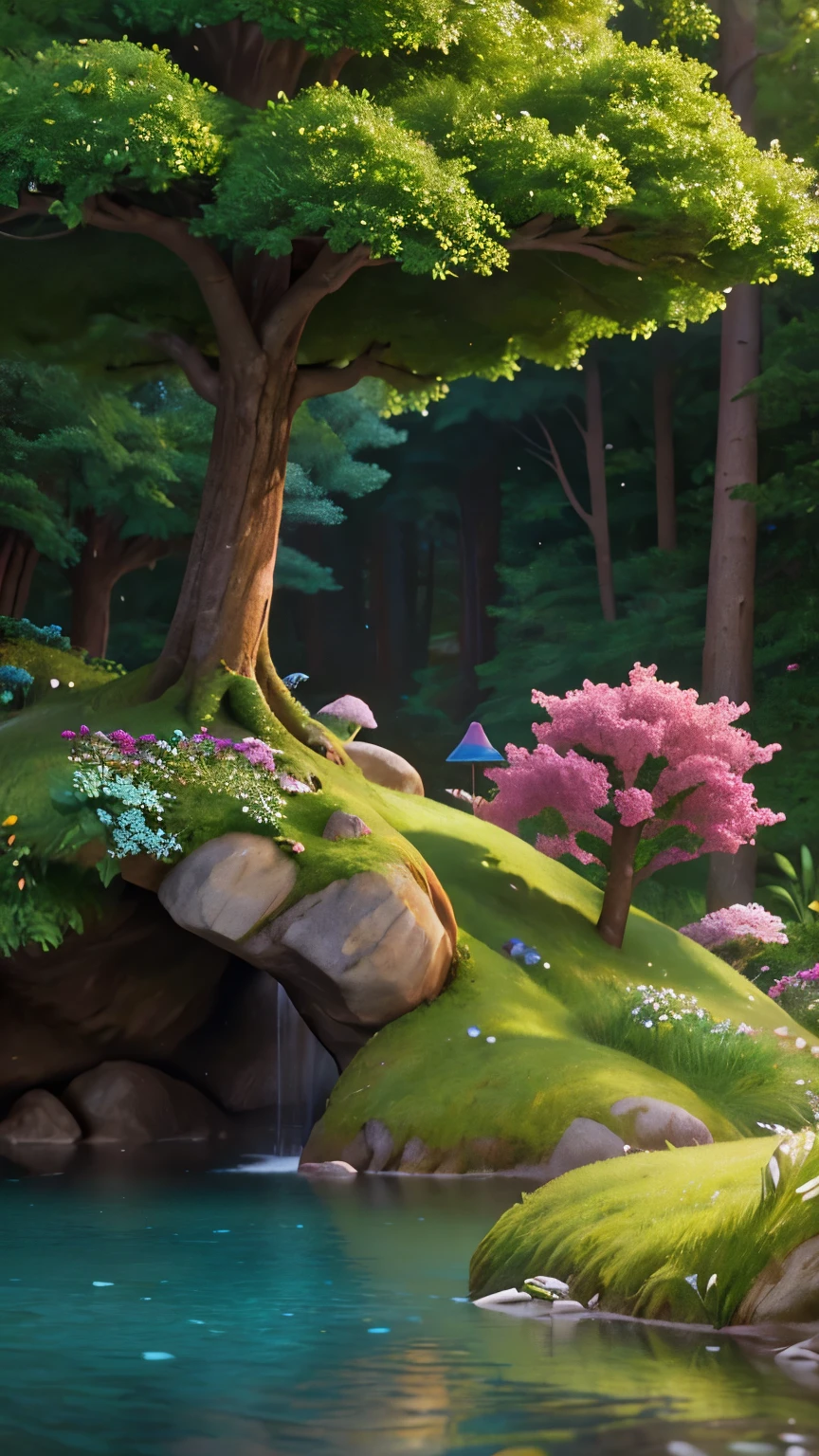 Masterpiece, best quality, high quality, extremely detailed CG unity 8k wallpaper, enchanting dream scene of dream forest, towering trees, hidden fairy canyon, creating a mysterious and enchanting feeling, artstation, digital illustration, complex, trending, pastel colors, oil painting, award winning photography, bokeh, depth of field, HDR, bloom, chromatic aberration, realism, very detailed, artstation trend, CGsociety trend, complex, high detail, dramatic, Midjourney art, brilliant flowers, colorful, real, realistic