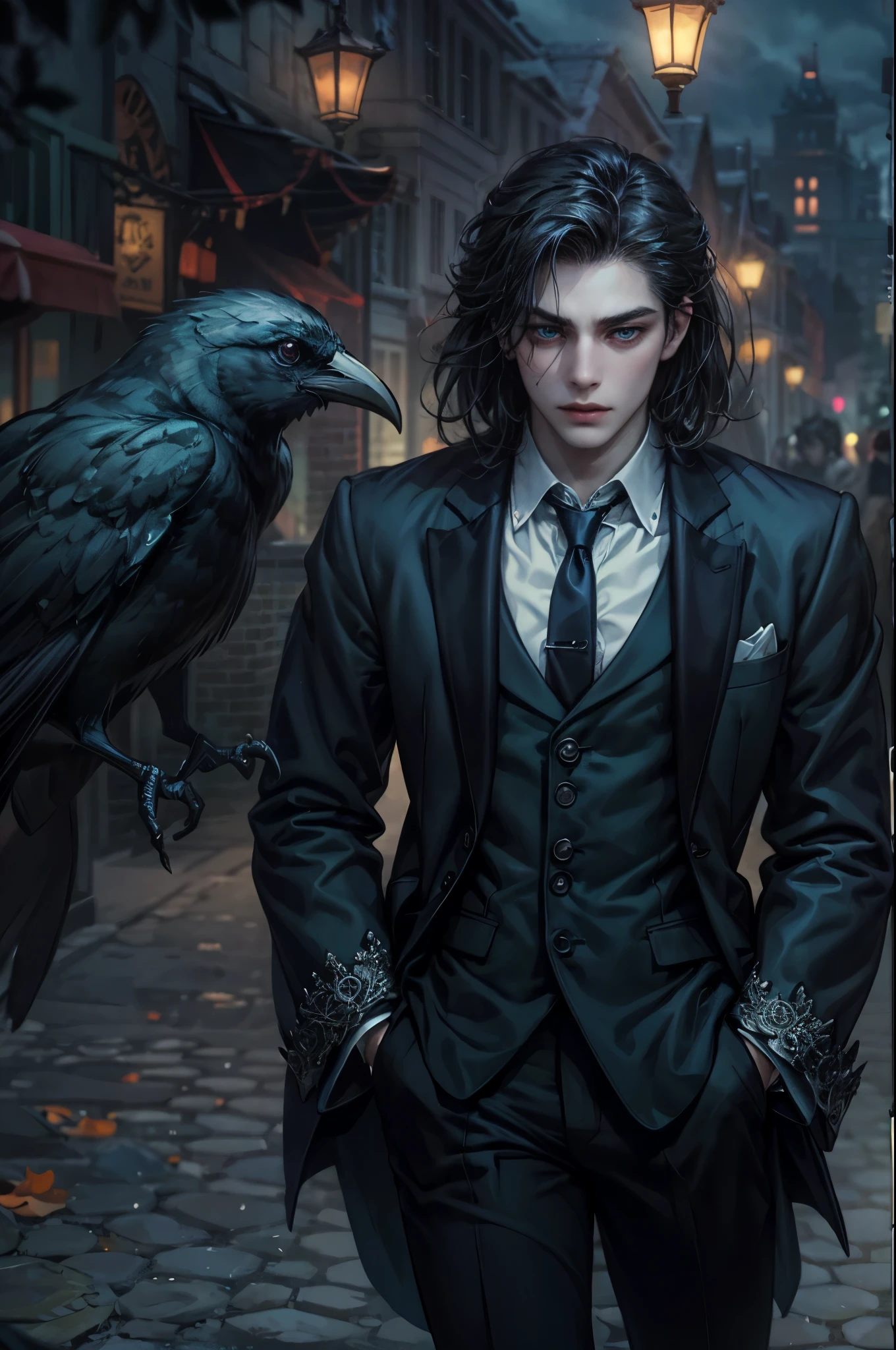 man, light skin, purple tones, purple eyes, crow on shoulder, black hair, short fur, focus on face, magic, Black Suit, red details, high quality image, 8k, focus on face, background birds in sky, Night magic neck tattoo