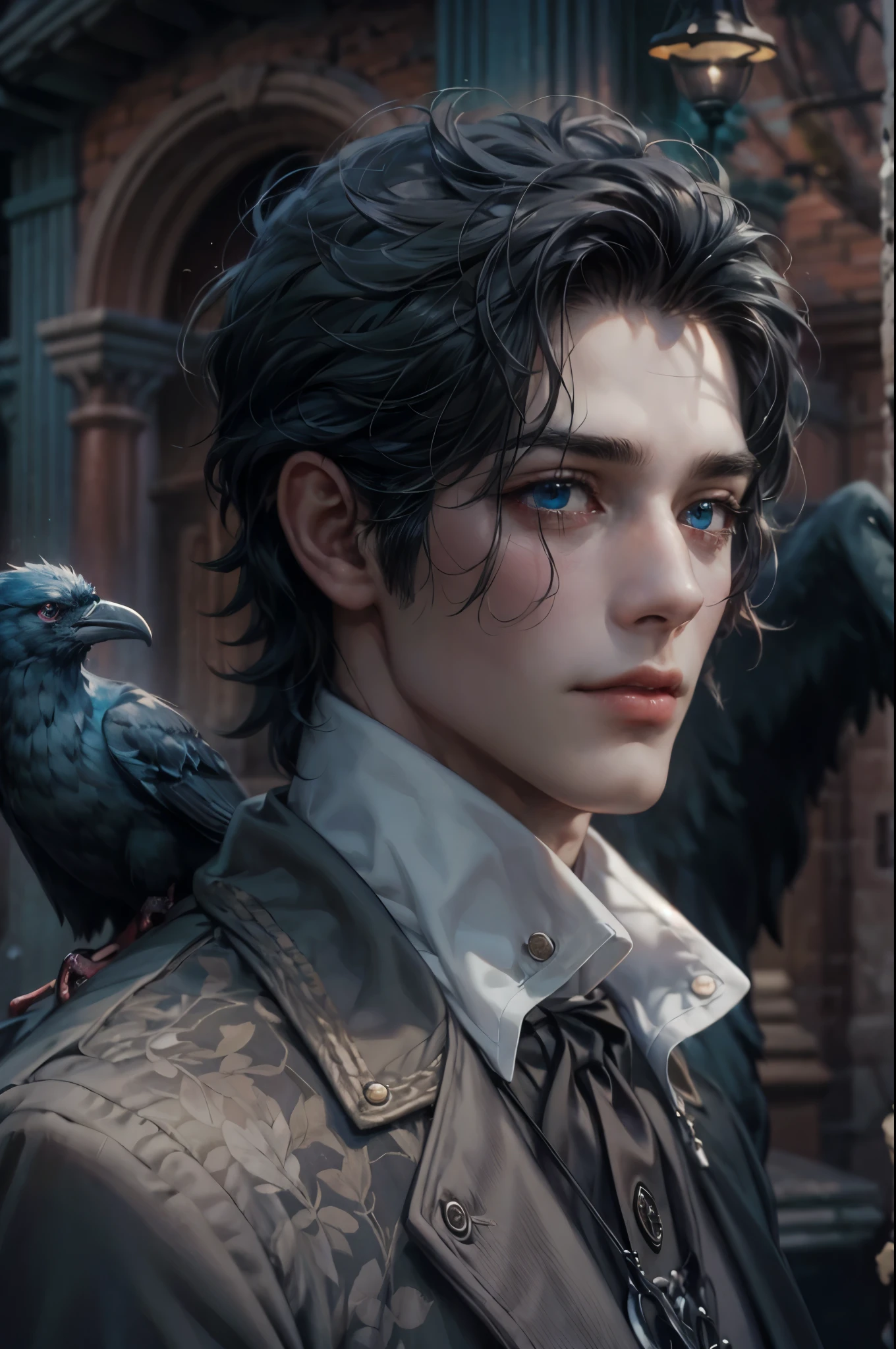 ((Best quality)), ((masterpiece)), (detailed), ((perfect face)), ((halfbody)) In the eerie twilight of a hauntingly beautiful carnival, a dashing young man with piercing blue eyes and raven hair, clad in a vintage black suit, confidently strolls along the cobblestone path. As he passes by the enigmatic booths with its that lie within the heart of this eerie wonderland.