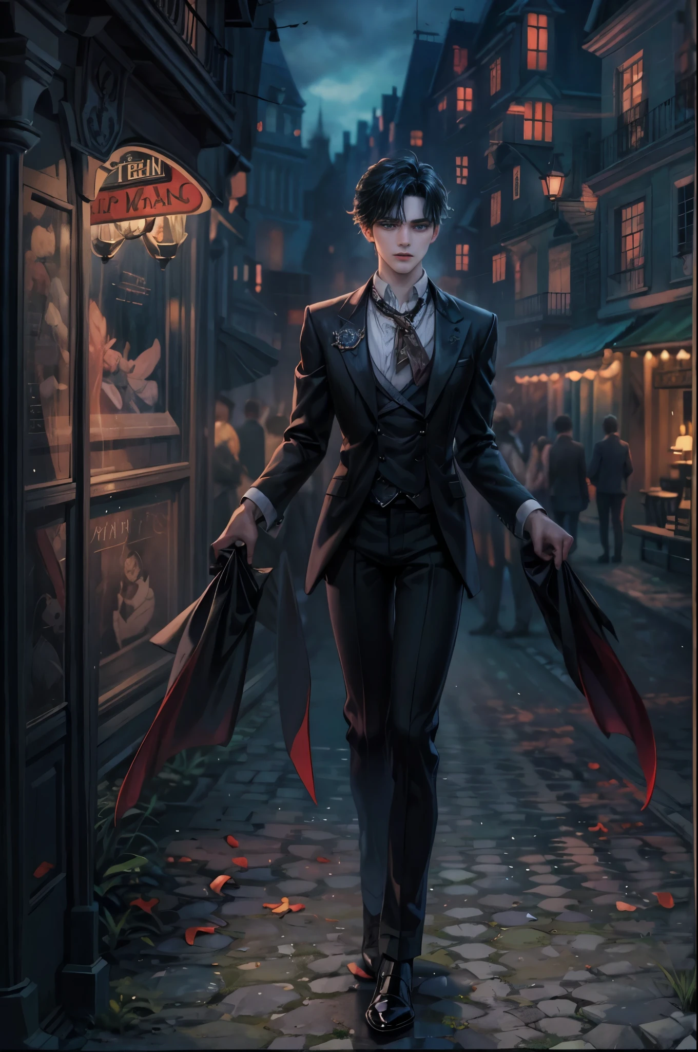 ((Best quality)), ((masterpiece)), (detailed), ((perfect face)), ((halfbody)) In the eerie twilight of a hauntingly beautiful carnival, a dashing young man with piercing blue eyes and raven hair, clad in a vintage black suit, confidently strolls along the cobblestone path. As he passes by the enigmatic booths with its that lie within the heart of this eerie wonderland.
