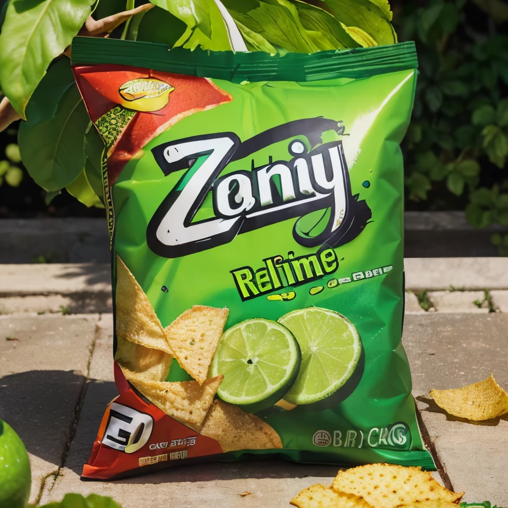 (realistic advertisement,new snack,chips,spicy flavor,lime flavor,realistic product shot,vibrant colors,crunchy texture,eye-catching design,freshness:1.1,fresh green color,zesty taste,tempting visuals,refreshing,unforgettable snacking experience)