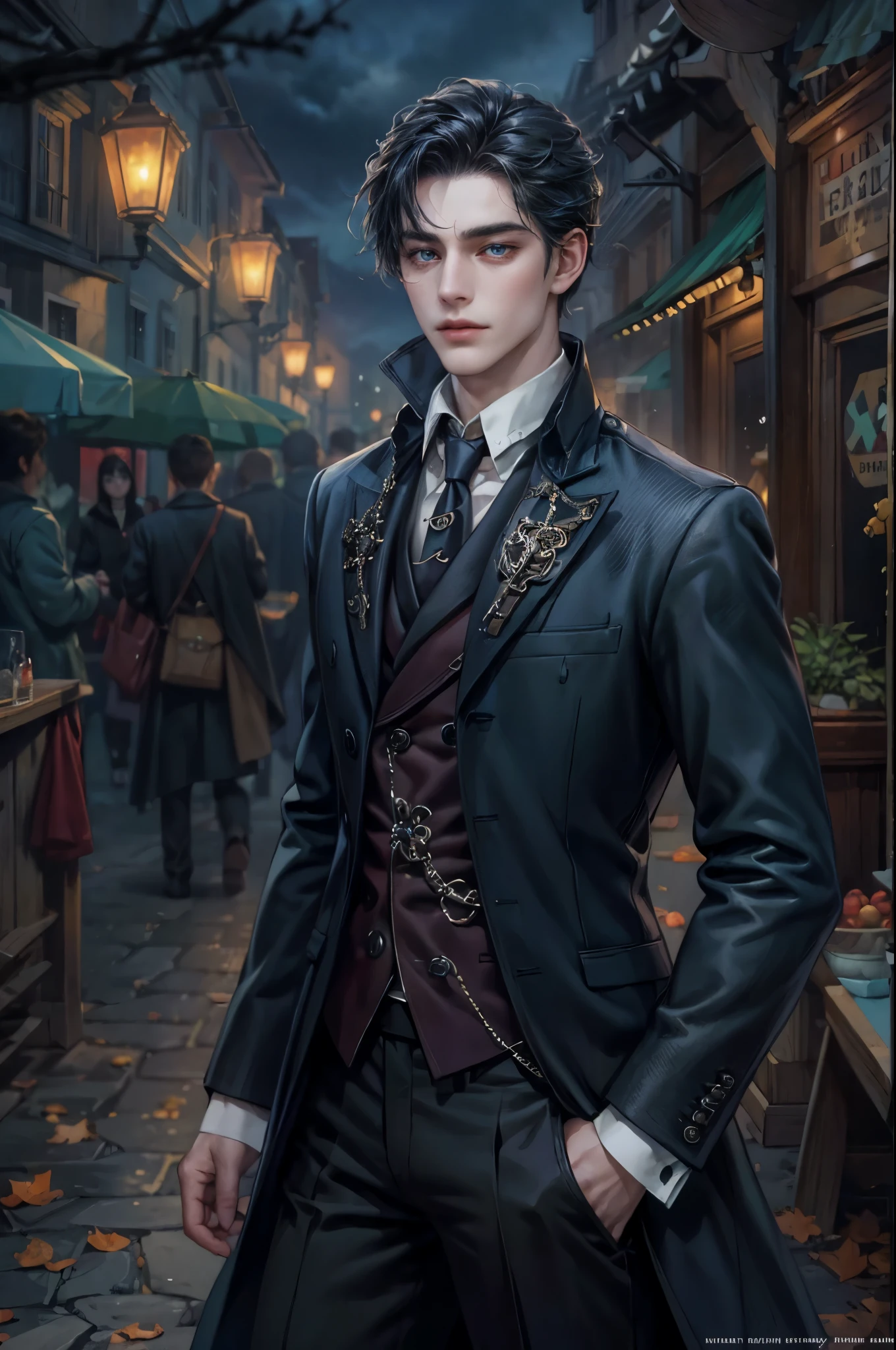 ((Best quality)), ((masterpiece)), (detailed), ((perfect face)), ((halfbody)) In the eerie twilight of a hauntingly beautiful carnival, a dashing young man with piercing blue eyes and raven hair, clad in a vintage black suit, confidently strolls along the cobblestone path. As he passes by the enigmatic booths with its that lie within the heart of this eerie wonderland.