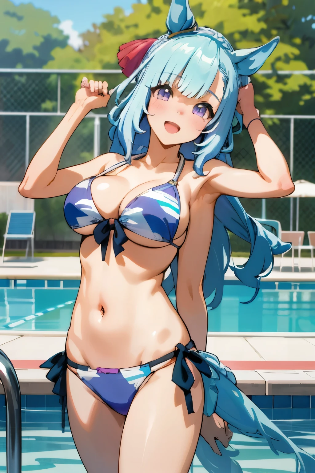 Mejiro Ardan \(Uma Musume\), (abnormal body)), horse tail, wallpaper, (bikini), big breasts, (super detailed face), masterpiece,highest quality, fine eyes, official art, light smile, pool,open your mouth, long hair