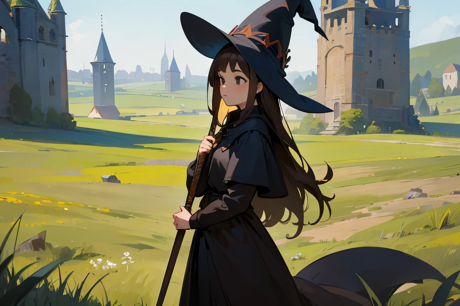 1girl, brown hair, black eyes, magician, witch´s hat, medieval, meadow backgroun