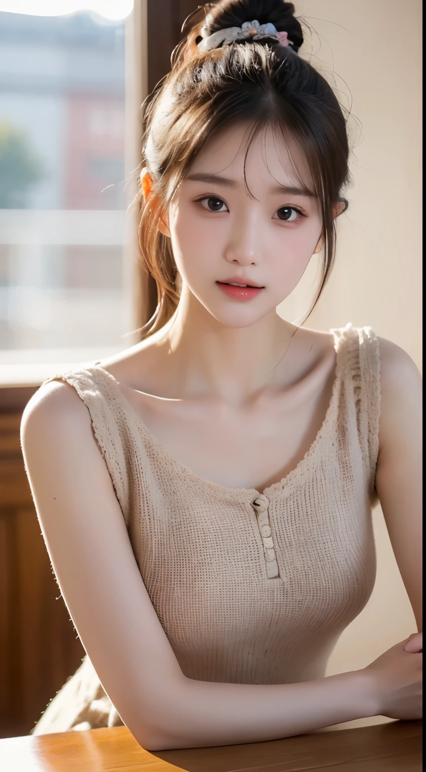 small details, High resolution, high quality、完璧なダイナミックな構shape, beautiful and delicate eyes, medium hair, 、natural color lips,rick cuckoo going to work、20 year old girl、1 person、transparent skin、shining hair、on the table, 最high quality, shape, Super detailed, small details, High resolution, 8k、correct state of the human body、please strike a cute pose,ponytail,,perfect beautiful face,KPOP idol face,There is a feeling of ecstasy on the face,light gray knit dress,background blur,Randomly dressed as a female model'fashion magazine