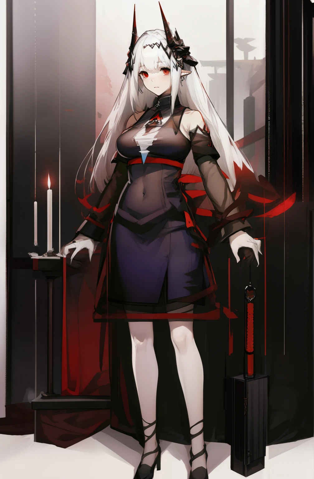 1girl, mudrock (arknights), red eyes, solo, long hair, horns, sailor uniform, serafuku, hair ornament, hair flower, candle, pointy ears, breasts, white hair, oripathy lesion (arknights), infection monitor (arknights), bangs, bare shoulders, full body, standing, mudrockdefclass, 2horns,