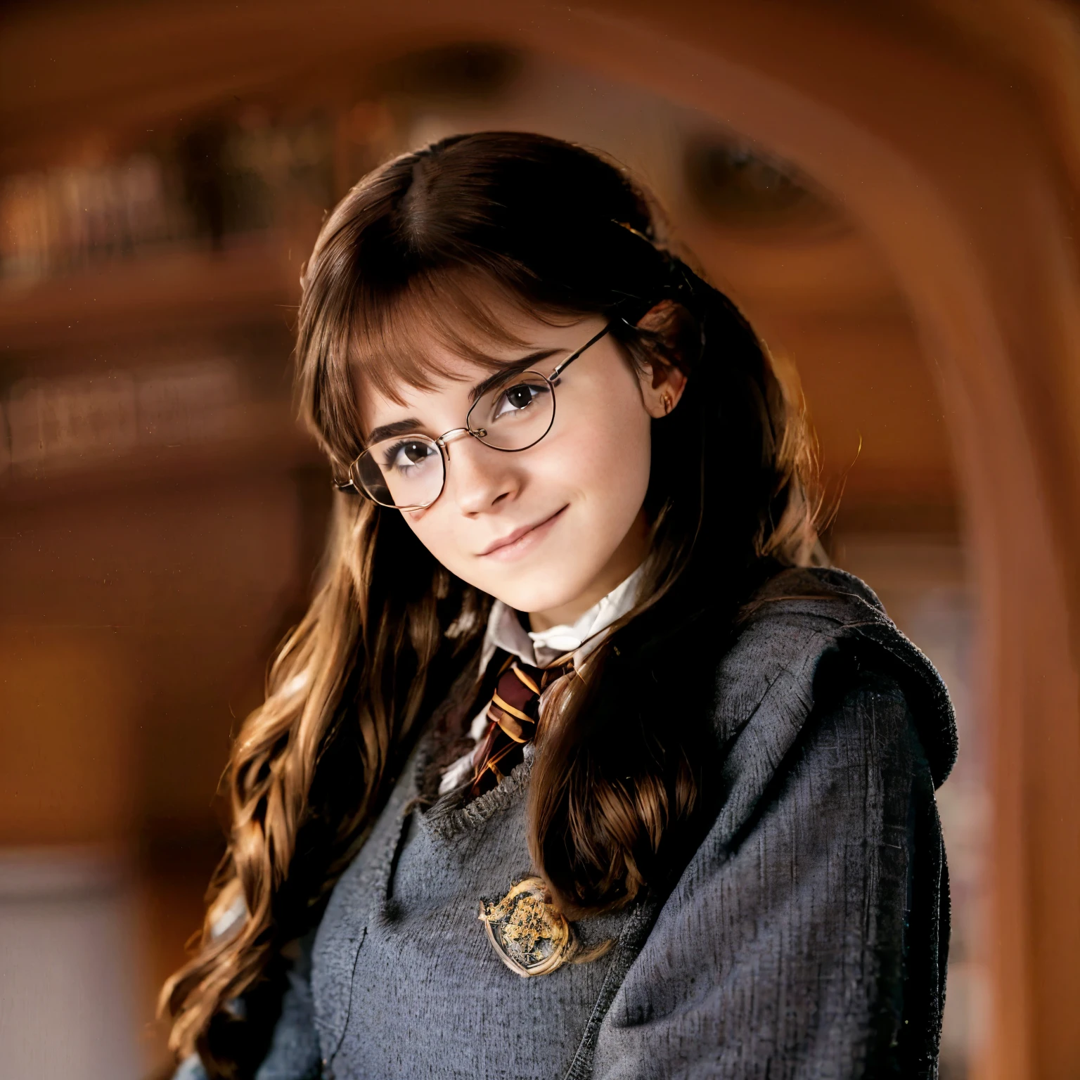a close up of a woman wearing glasses and a gray dress, she wears harry potter glasses, emma watson as harry potter, hermione granger, harry potter portrait, hermione, harry potter in a maid’s uniform, emma watson as hermione granger, inspired by Hermione Hammond, with a brown fringe, round glasses potter, laura watson, anna nikonova, harry potter style
