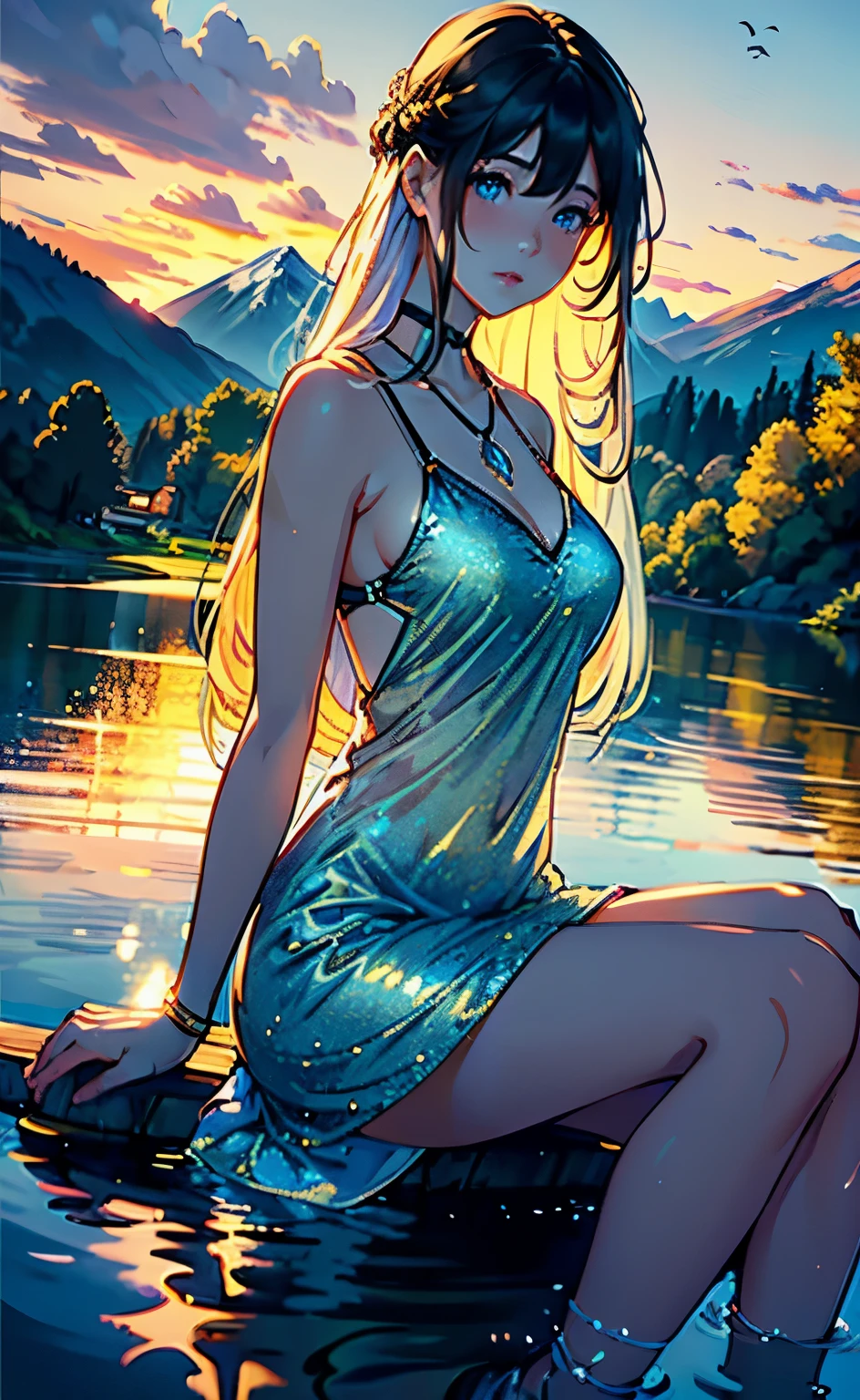 1 girl, serene expression, mesmerizing eyes, straight long hair, flowing dress, poised posture, porcelain skin, subtle blush, crystal pendant
BREAK
golden hour, (rim lighting):1.2, warm tones, sun flare, soft shadows, vibrant colors, painterly effect, dreamy atmosphere
BREAK
scenic lake, distant mountains, willow tree, calm water, reflection, sunlit clouds, peaceful ambiance, idyllic sunset, ultra detailed, official art, unity 8k wallpaper
, zentangle, mandala