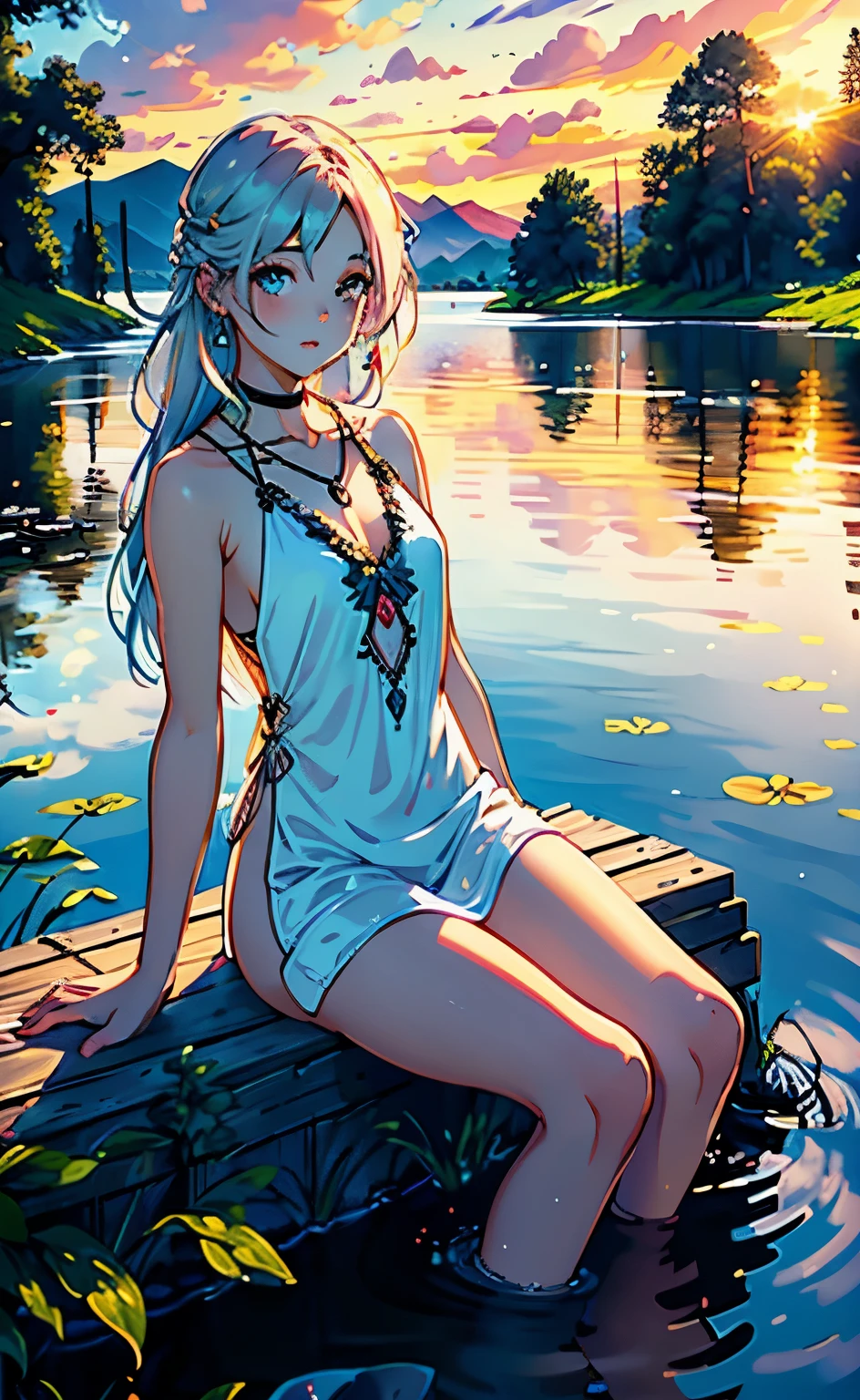 1 girl, serene expression, mesmerizing eyes, straight long hair, flowing dress, poised posture, porcelain skin, subtle blush, crystal pendant
BREAK
golden hour, (rim lighting):1.2, warm tones, sun flare, soft shadows, vibrant colors, painterly effect, dreamy atmosphere
BREAK
scenic lake, distant mountains, willow tree, calm water, reflection, sunlit clouds, peaceful ambiance, idyllic sunset, ultra detailed, official art, unity 8k wallpaper
, zentangle, mandala