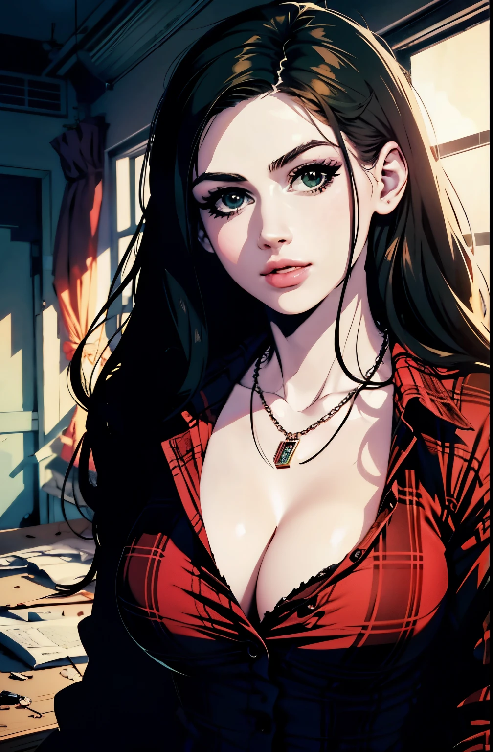 pretty women portrait 1980s horror movie poster style, vector-art, upper body, russian, unbuttoned plaid shirt , cleavage, pin up style, sexy, realistic, seductive pose, inside abandoned school building, green eyes, necklace