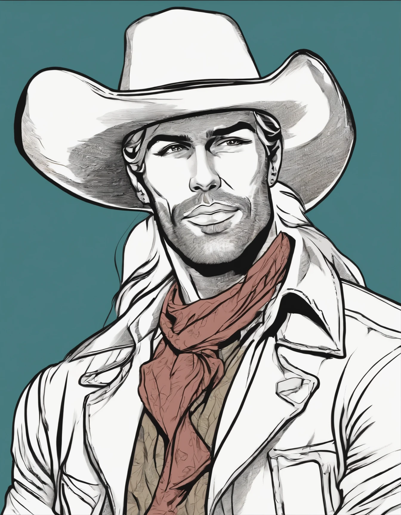 Comic line art of a handsome cowboy with a sexy look and coy expression, in the style of Anthrox studio, style raw. Vivid colors