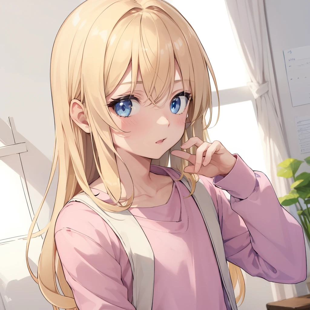 1boy, blonde hair, blue eyes, long hair, pink shirt