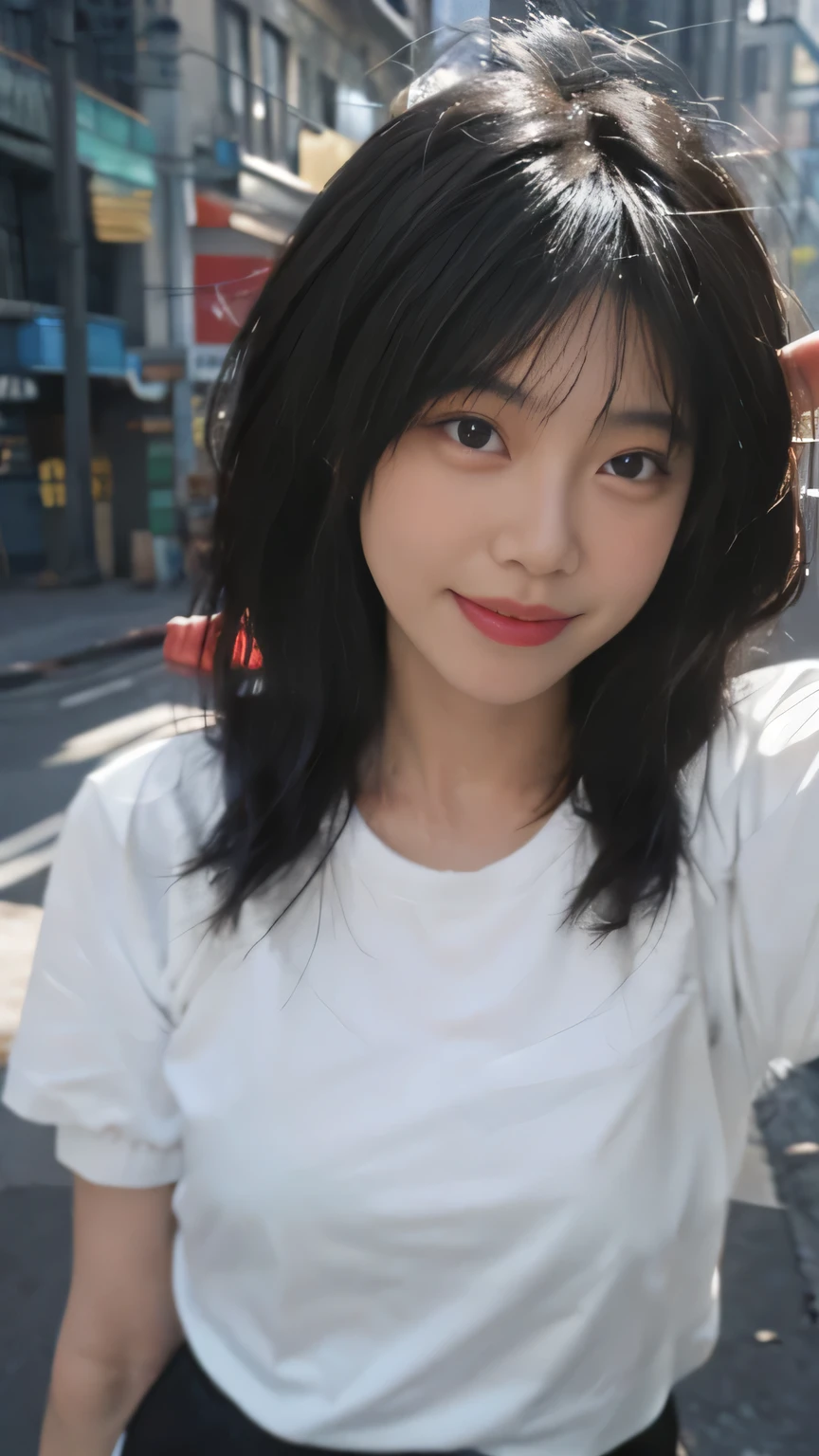 ((best quality, 8k, masterpiece: 1.3)), focus: 1.2, (layered hairstyle: 1.2), (dark street: 1.3), Highly detailed face and skin textures, whole body, beautiful eyes, lying silkworm, skin whitening, long hair, (round face: 1.5), (short sleeves, shorts: 1.6), Smile,(White shirt), (realistically:1.4),original photo,Beautiful fashionable adult woman, long face,