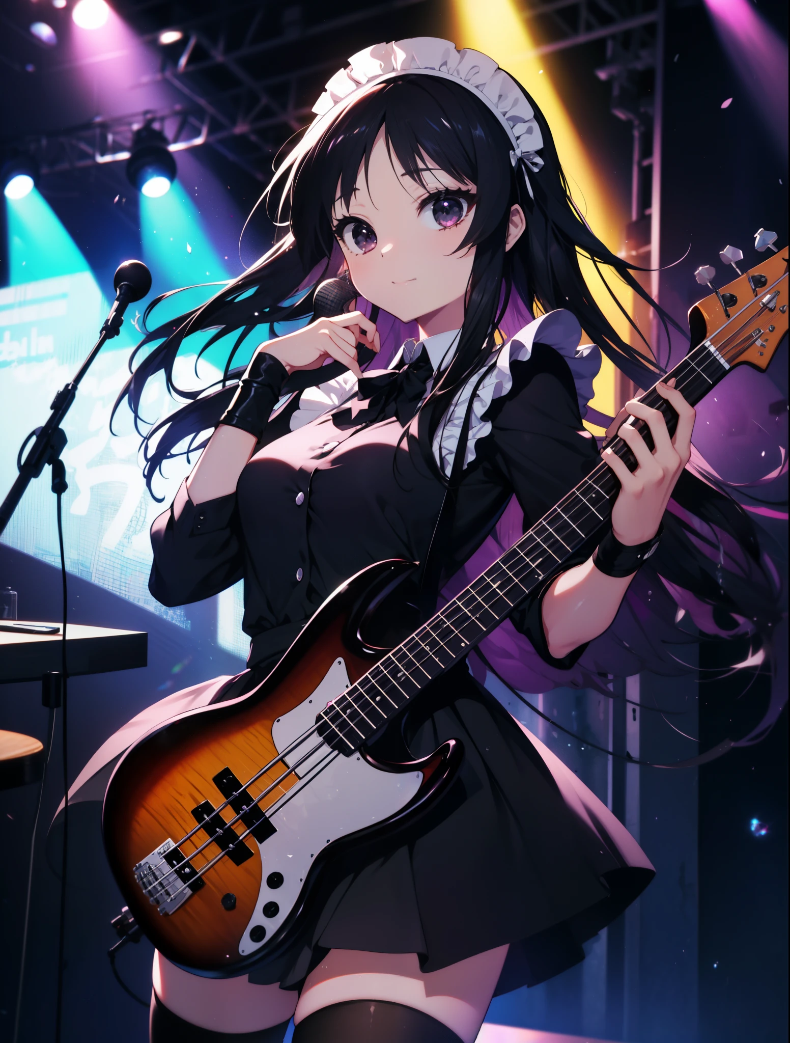 Mount Mimyeon, mio akiyama, (black ruby eye:1.5), black hair, long hair, maid，long skirt，black tights,short boots，left handed base(fender jazz bass)play、rock band concert, musical instrument performance, stageパフォーマンス, hot air,happy atmosphere、Clip Studio、shape of transparency and brightness，close ~ eye、laughter，stage，On stage，break (table top:1.2), highest quality, High resolution, unity 8k wallpaper, (shape:0.8), (beautiful and fine eye:1.6), highly detailed face, perfect lighting, Detailed CG, (perfect hands, perfect anatomy),