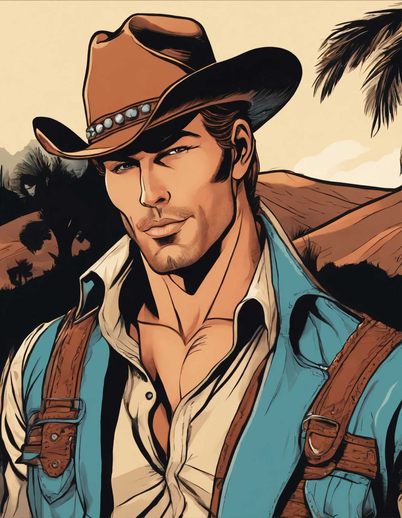 Comic line art of a handsome cowboy with a sexy look and coy expression, in the style of Anthrox studio, style raw. Vivid colors