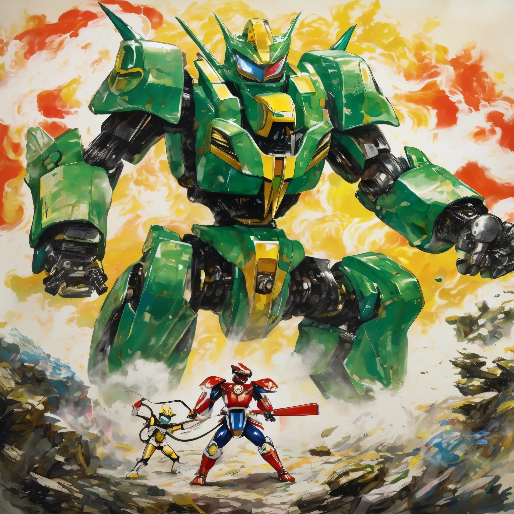 A 'super sentai' robot battling a giant robot alien beast. Epic struggle captured on rice paper in the art style of Wu Guanzhong