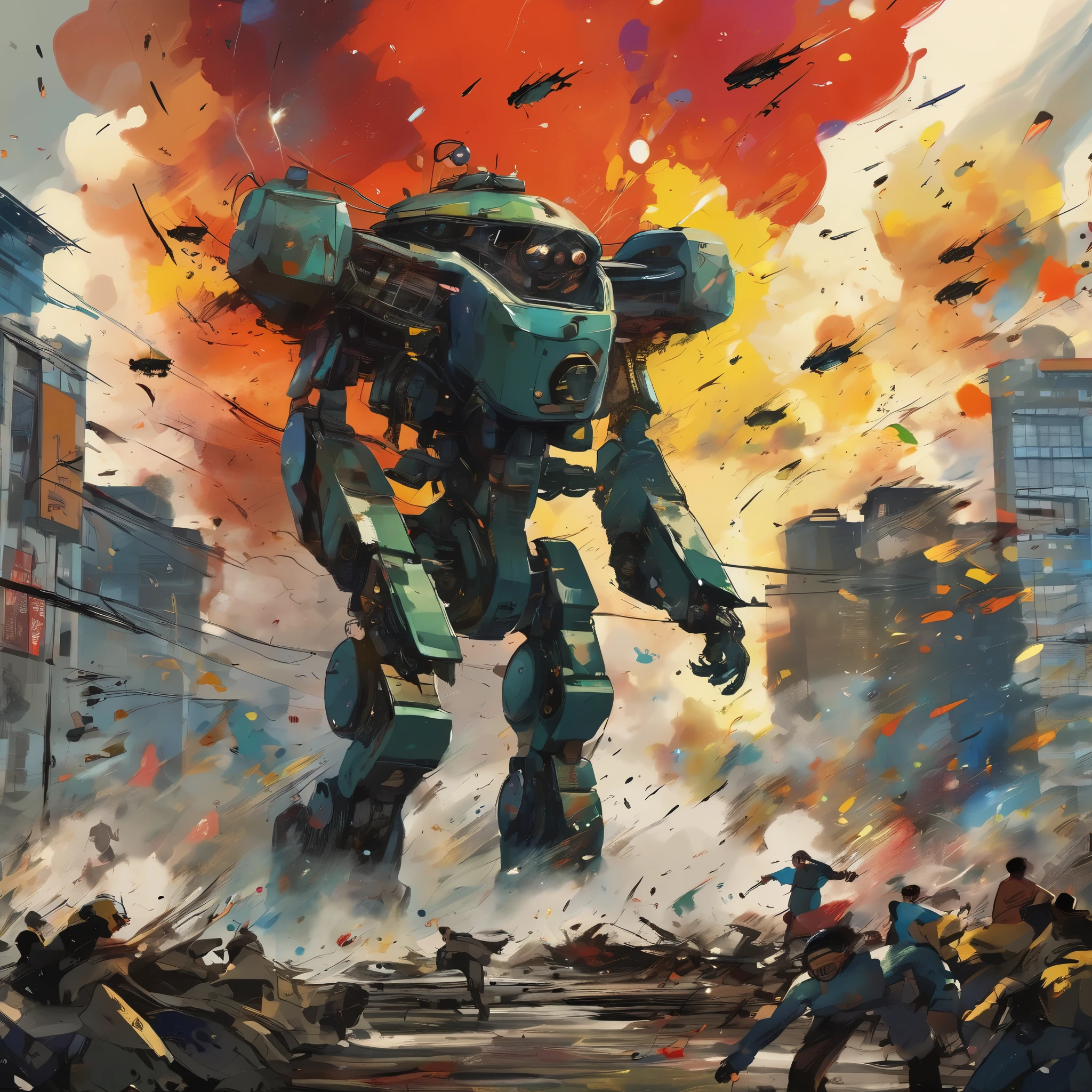 (best quality,4k,highres), (realistic:1.37), ultra-detailed, (professional), (vivid colors), (bokeh), vintage paper texture, Wu Guanzhong's art style, dynamic brush strokes, intense battle scene, intricate details, power-packed punches and kicks, towering buildings crumbling, vibrant explosions, energy bolts and beams, sparks and smoke, dramatic lighting, intense facial expressions, determined robot pilot, menacing alien beast, epic struggle of good vs evil, frenetic action, deep perspectives, attention to anatomy and proportions