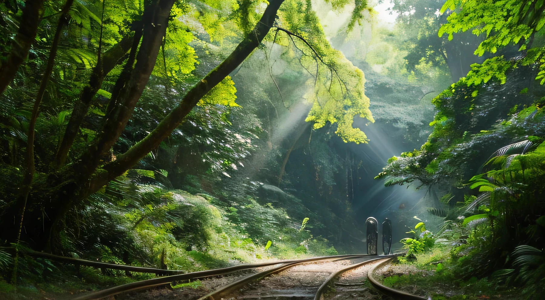 In a jungle like a world heritage site, In a beautiful green forest, moss and moisture, wood々The sunlight shining through the gaps between the leaves, Fantastic small flowers that can only be seen there; translucent blue and milky flowers. fallen branches and leaves, beautiful bird, wait. in yellow and lilac colors.