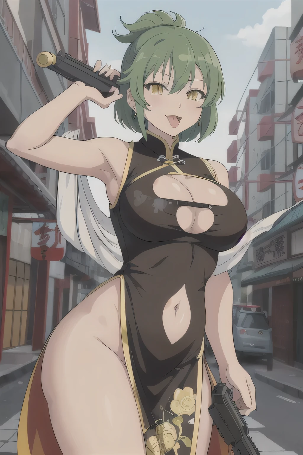 hikage (senran kagura), 1girl, green hair, tongue out, tongue, tattoo, short hair, yellow eyes, knife, licking, large breasts, weapon, earrings, jewelry, holding, masterpiece, best quality, highly detailed, a anime girls in china dress with navel cutout holding a gun
posing for a picture, navel cutout, crop top, china dress, ecchi anime style, evil smile, open mouth,
smile, anime girls, ecchi style, ecchi, digital anime art!!, in anime style, official artwork, (nsfw) not safe
for work, beautiful anime girl, anime style 4 k, pelvic curtain, exposed belly, exposed navel, exposed
midriff, exposed lower belly, holding a gun, chinatown, outdoor,street,road