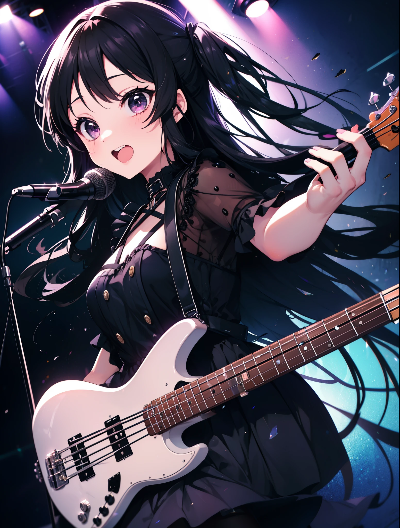 Mount Mimyeon, mio akiyama, (black ruby eye:1.5), black hair, long hair, maid，long skirt，black tights,short boots，left handed base(fender jazz bass)play、rock band concert, musical instrument performance, stageパフォーマンス, hot air,happy atmosphere、Clip Studio、shape of transparency and brightness，close ~ eye、laughter，stage，On stage，break (table top:1.2), highest quality, High resolution, unity 8k wallpaper, (shape:0.8), (beautiful and fine eye:1.6), highly detailed face, perfect lighting, Detailed CG, (perfect hands, perfect anatomy),