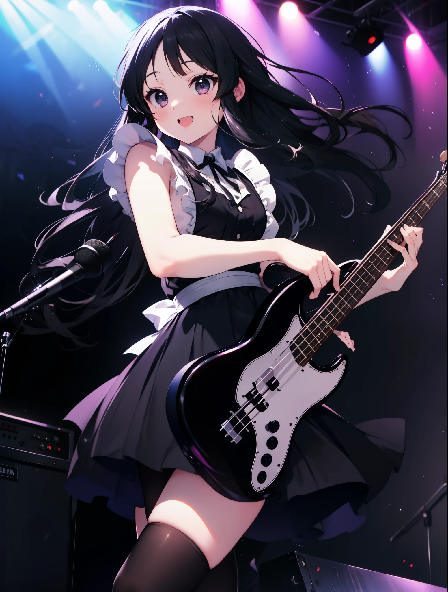 Mount Mimyeon, mio akiyama, (black ruby eye:1.5), black hair, long hair, maid，long skirt，black tights,short boots，left handed base(fender jazz bass)play、rock band concert, musical instrument performance, stageパフォーマンス, hot air,happy atmosphere、Clip Studio、shape of transparency and brightness，close ~ eye、laughter，stage，On stage，break (table top:1.2), highest quality, High resolution, unity 8k wallpaper, (shape:0.8), (beautiful and fine eye:1.6), highly detailed face, perfect lighting, Detailed CG, (perfect hands, perfect anatomy),