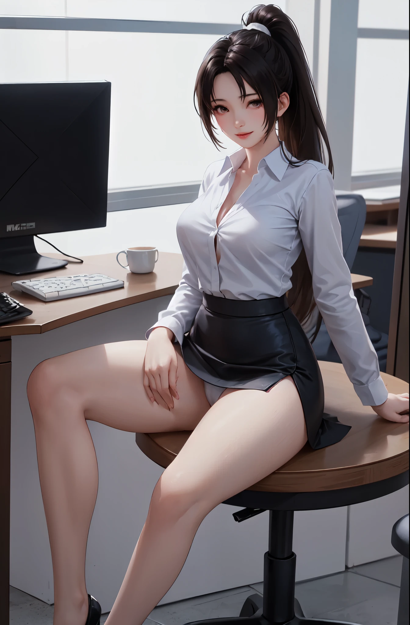 realistic pictures、Super high quality、real person、Mikako Tabe、Real Portrait、Office Lady、Tight Skirt、super mini skirt、ponytail、light blue blouse、Bra Line、white bikini panties、sitting、from the front、spread her legs,show white panties,beautiful camel toe、beautiful thighs、Crotch open showing panties、beautiful panties、(indoor modern office/), Limited to 1 female, /(casual shirt pencil skirt/) ID card, /(black hair/) bangs, gentle smile, (A masterpiece of the highest quality:1.2) super detailed, big breasts