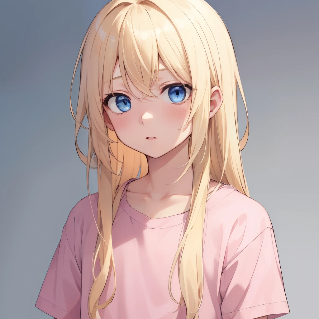 1boy, blonde hair, blue eyes, long hair, pink shirt