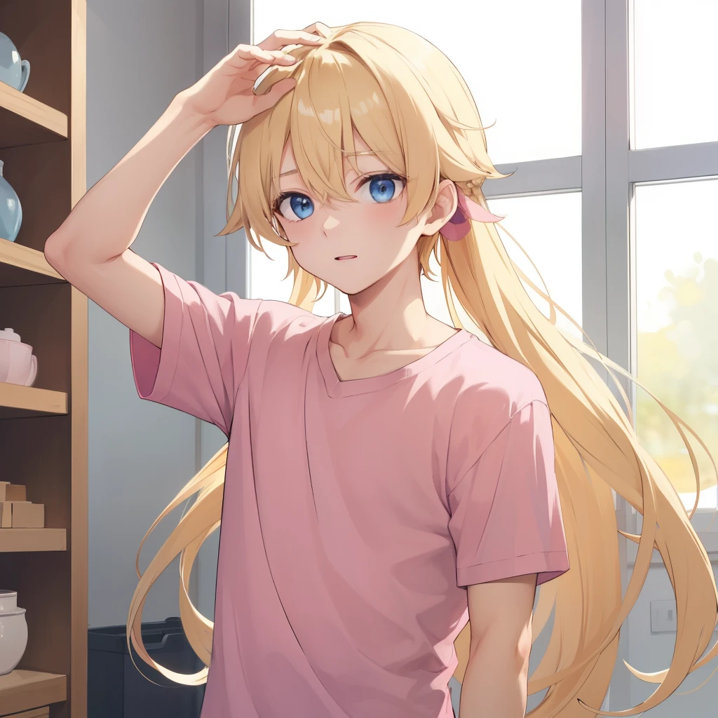 1boy, blonde hair, blue eyes, long hair, pink shirt