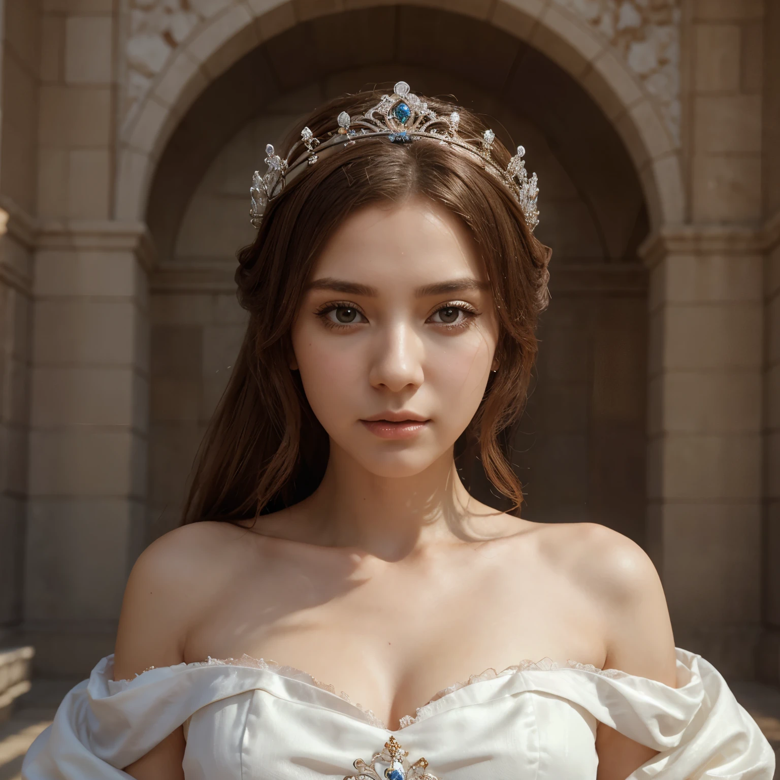 There is a woman in a white dress with a crown on her head, a beautiful fantasy queen, ((beautiful fantasy queen)), a portrait of a princess, a work of art in the Guvez style. 5D CGI anime fantasy artwork, 8K high quality detail art