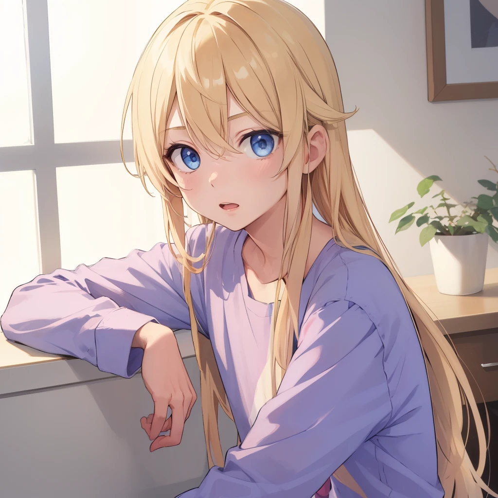 1boy, blonde hair, blue eyes, long hair, pink shirt