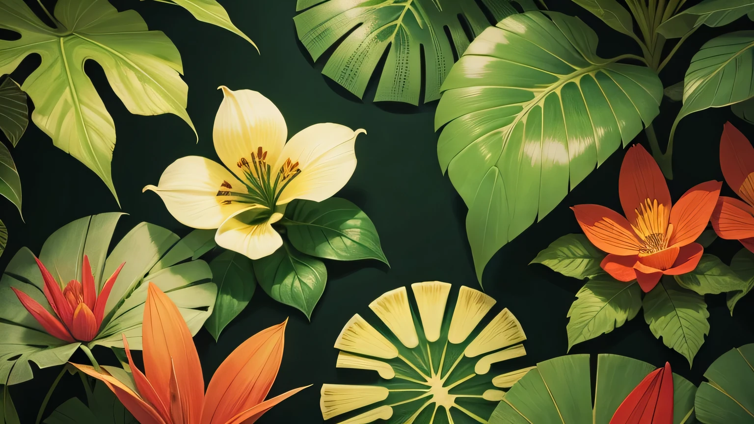 an illustration for botanical print, Amazon rainforest, mixed leaves and flowers, vibrant green colors, varied leaves, Brazilian flowers, macaws