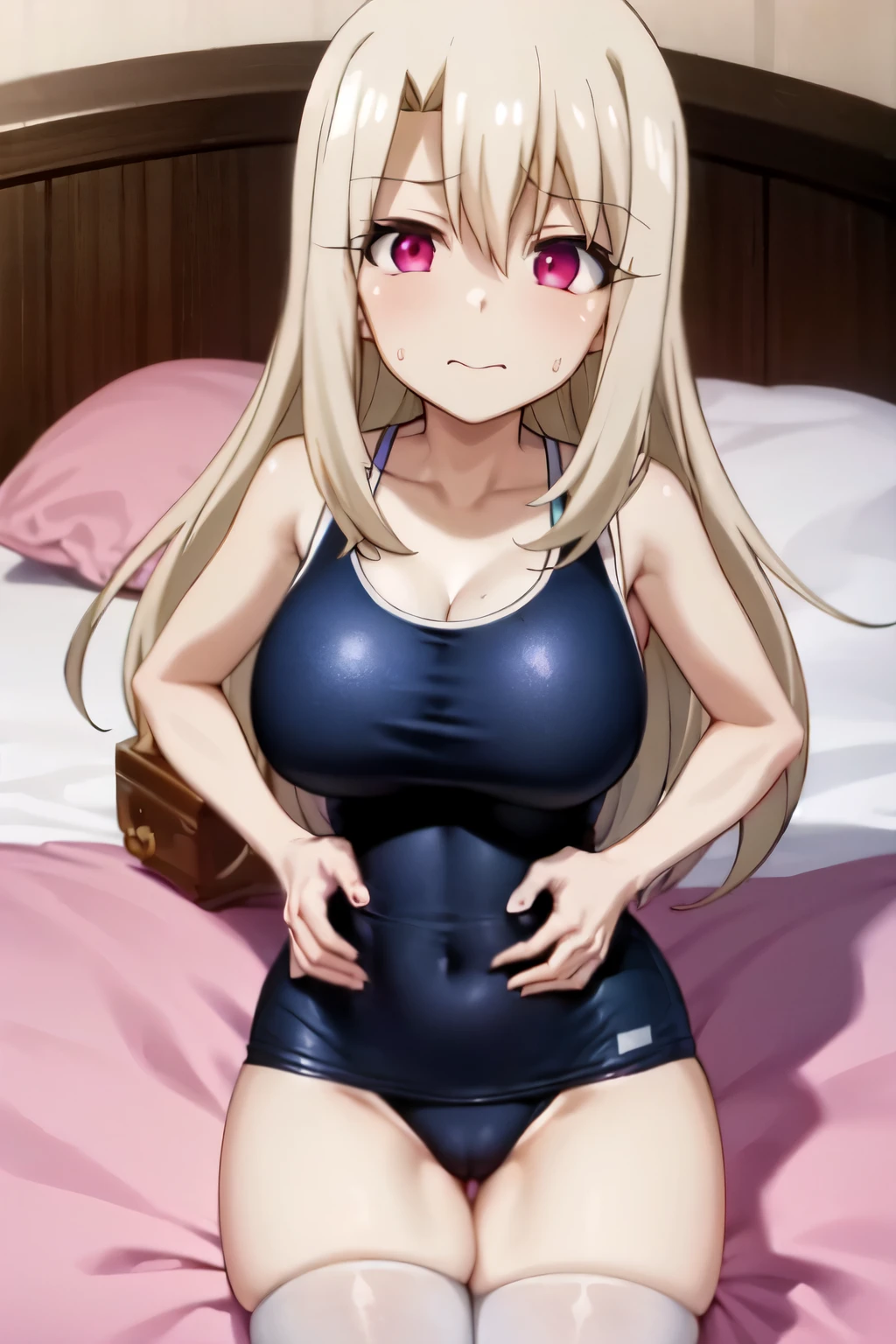 one-piece swimsuit, anime colored, official art, 1girl, solo, 9 , from above, aaillya,long_hair,blonde_hair,red_eyes,hair_between_eyes,bangs,white_hair, short stature, Short arms, Short legs, perfect anatomy, (gigantic breasts:1.3), thighhighs, pussy line, looking up, shy, bashful, bed, absurdres, anime screencap, masterpiece, best quality,